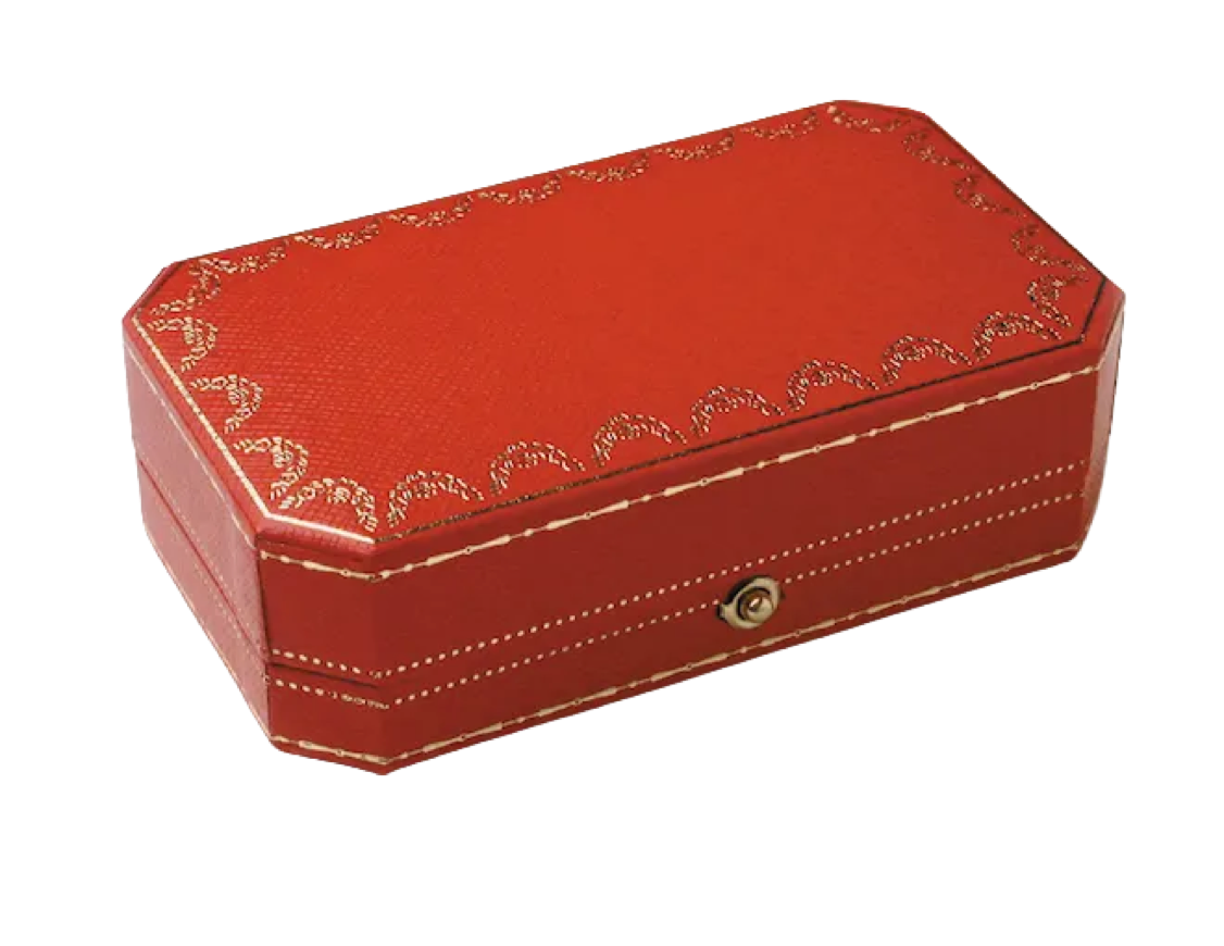 Custom luxury red jewelry box with skivertex finish, designed and manufactured by Swiss Packaging. Precision construction and premium materials for high-end jewelry brands and retail presentation.
