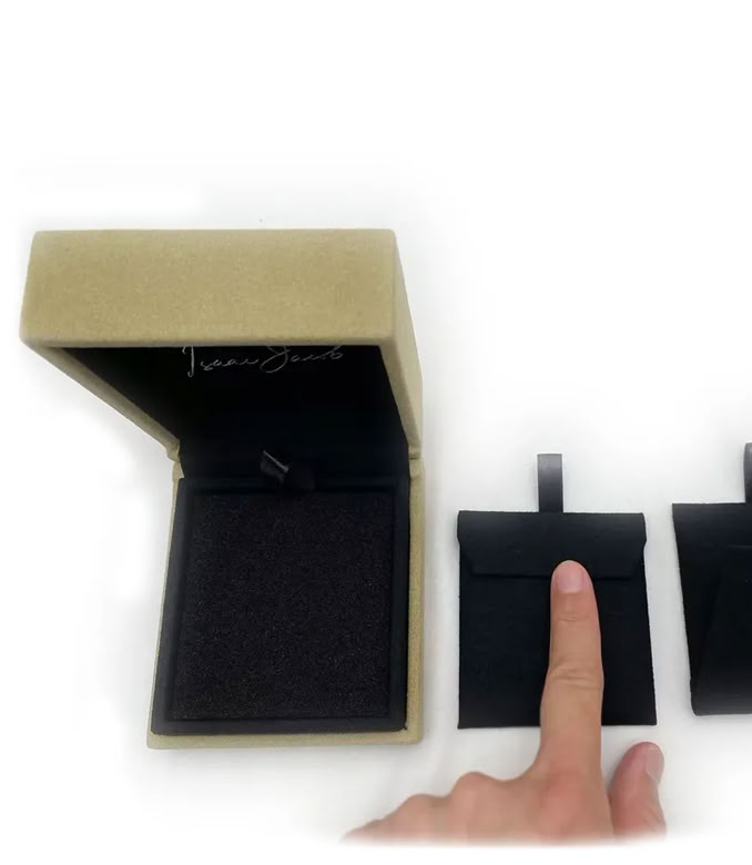 Luxury jewelry packaging box in suede exterior and interior with multiple inserts undergoing precision quality inspection by Swiss Packaging
